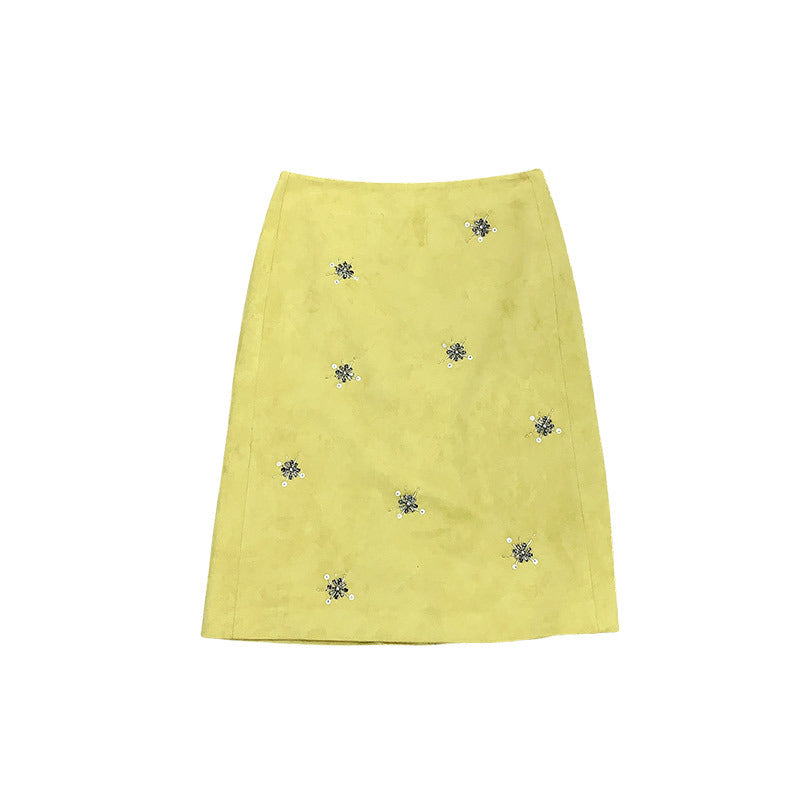 Sagestu Green Lemon Suede Firework Handmade Beaded Skirt High Waist Autumn Winter Vintage Midi Skirt