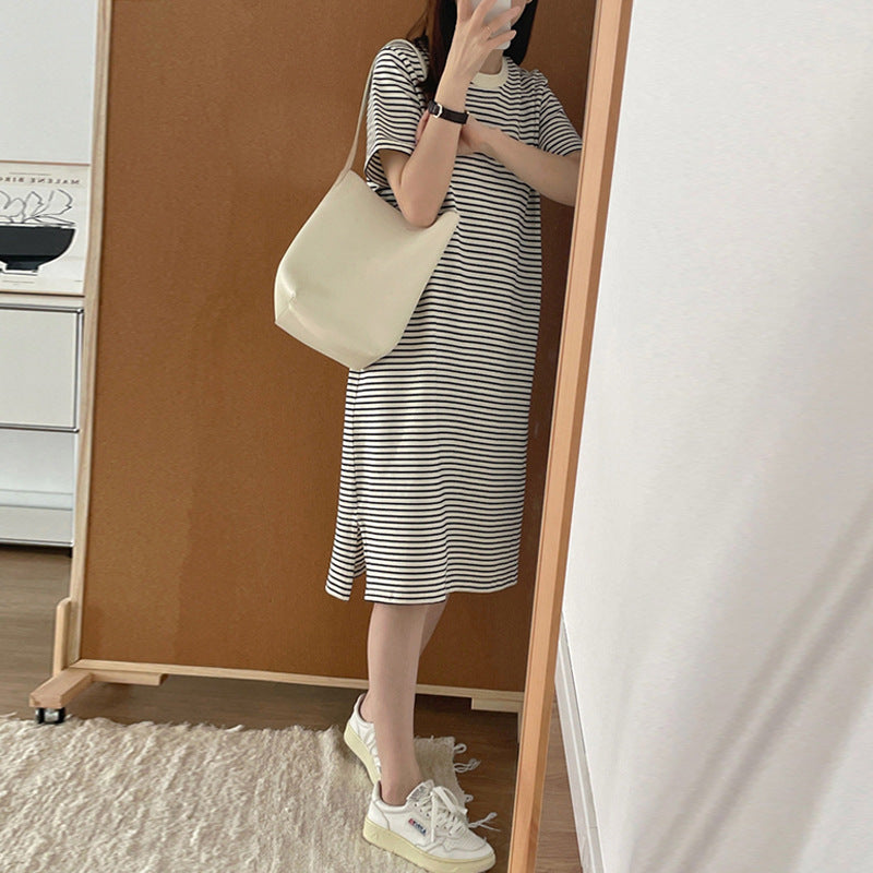 Cotton Dress Mid-Length Knee-Length  Loose Straight Silhouette Slimming Short Sleeve Dress