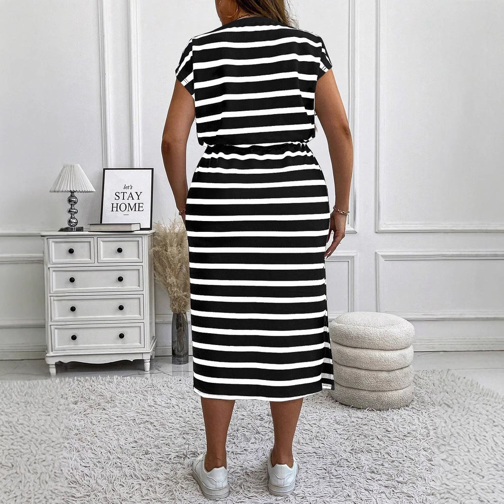 Stripe Print Short Sleeve Tie Waist A-line Dress