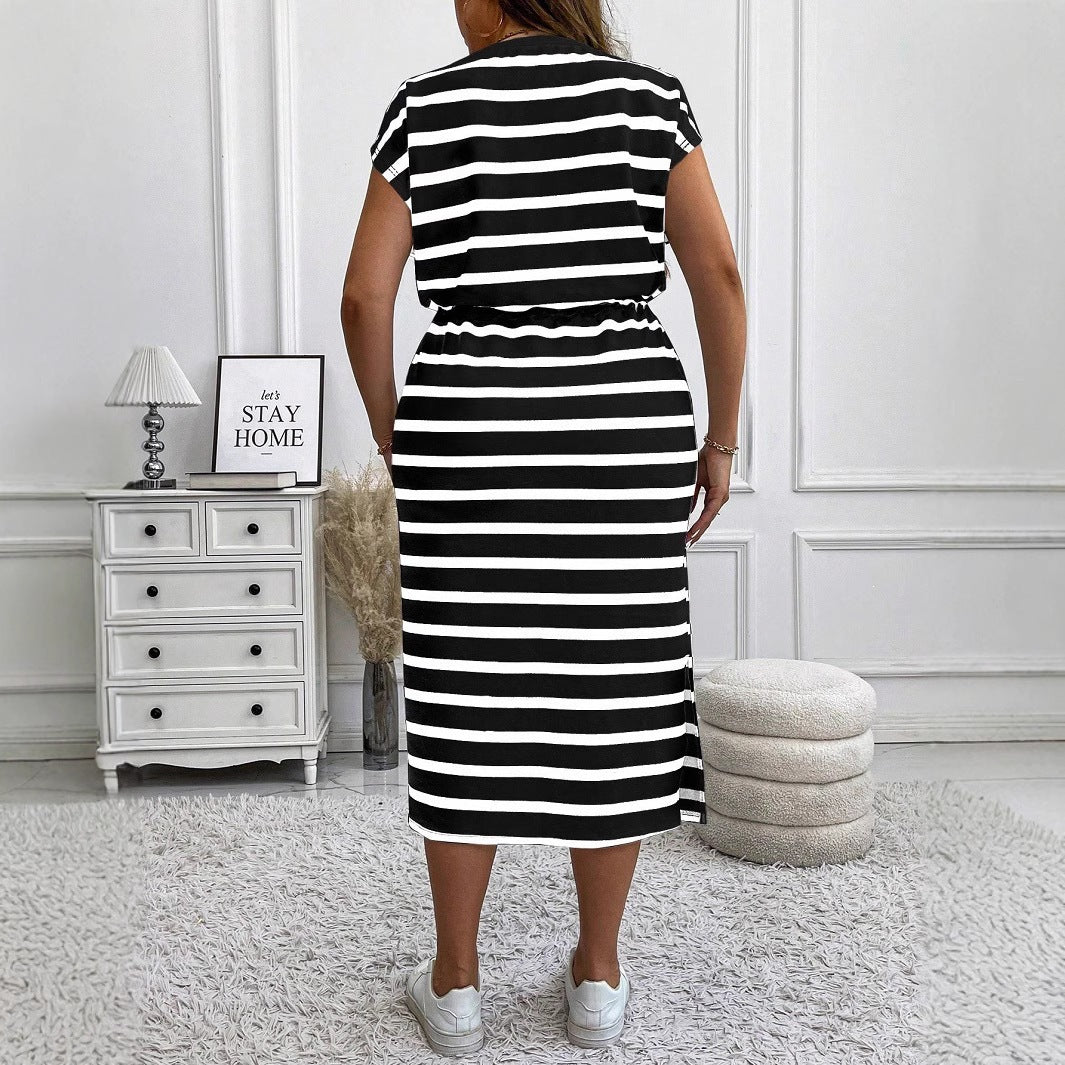 Stripe Print Short Sleeve Tie Waist A-line Dress