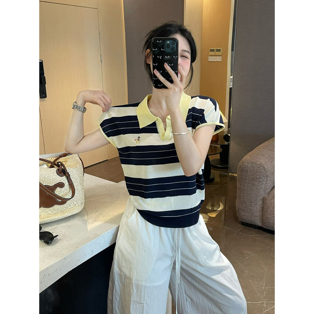minimalist striped polo neck knitted top for women