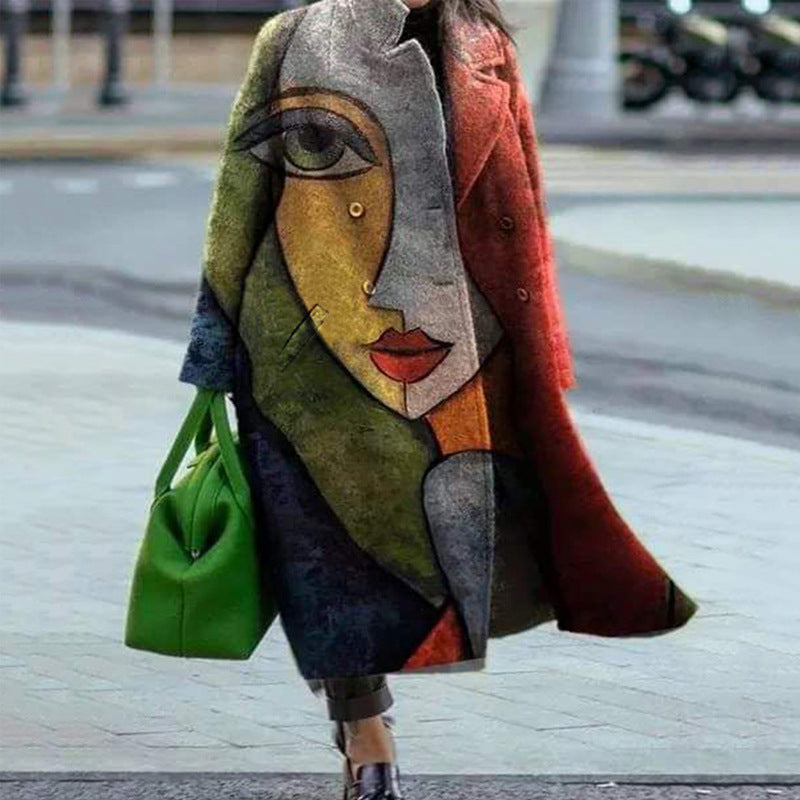 Autumn Long Sleeve Notched Lapel Printed Woolen Trench Coat for Women
