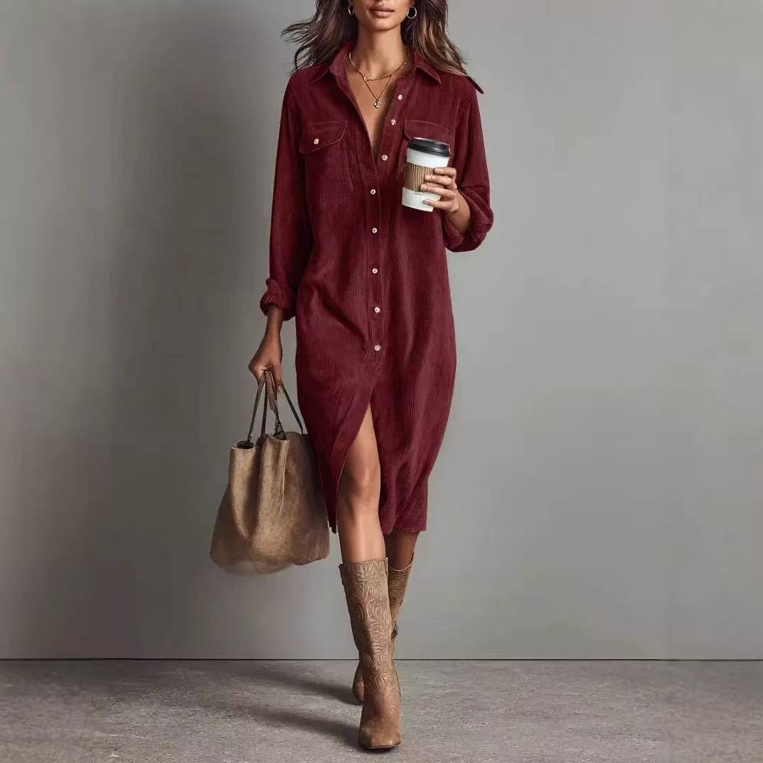 Classic Solid Color Corduroy Long Sleeve Turn-down Collar Shirt Loose Long Dress