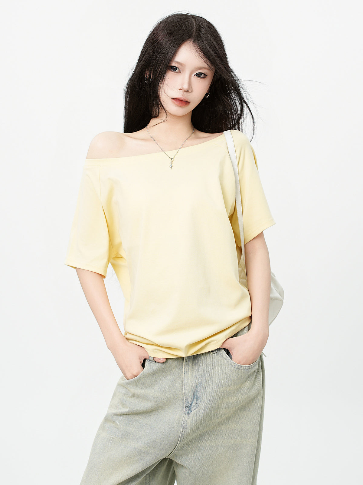 One-Shoulder Asymmetrical Design Short Sleeve T-Shirt Loose Relaxed Style Top