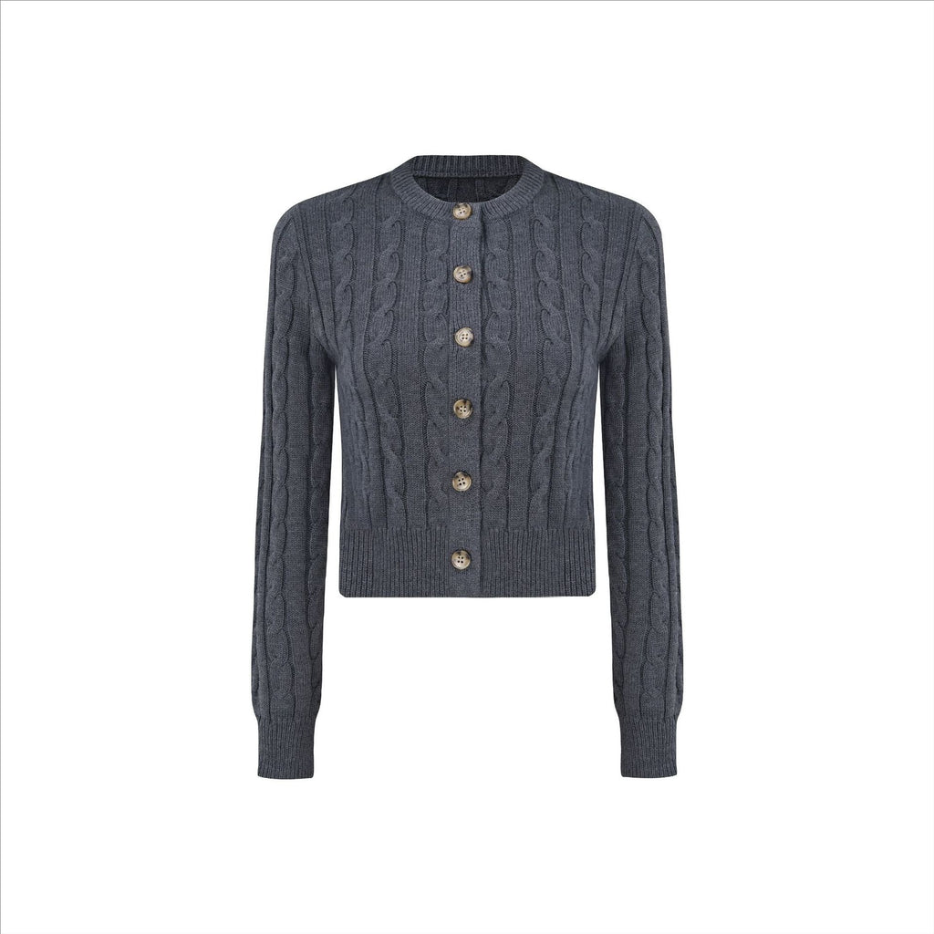 Wool Cable Knit Crewneck Sweater Cardigan Top for Women's Clothing