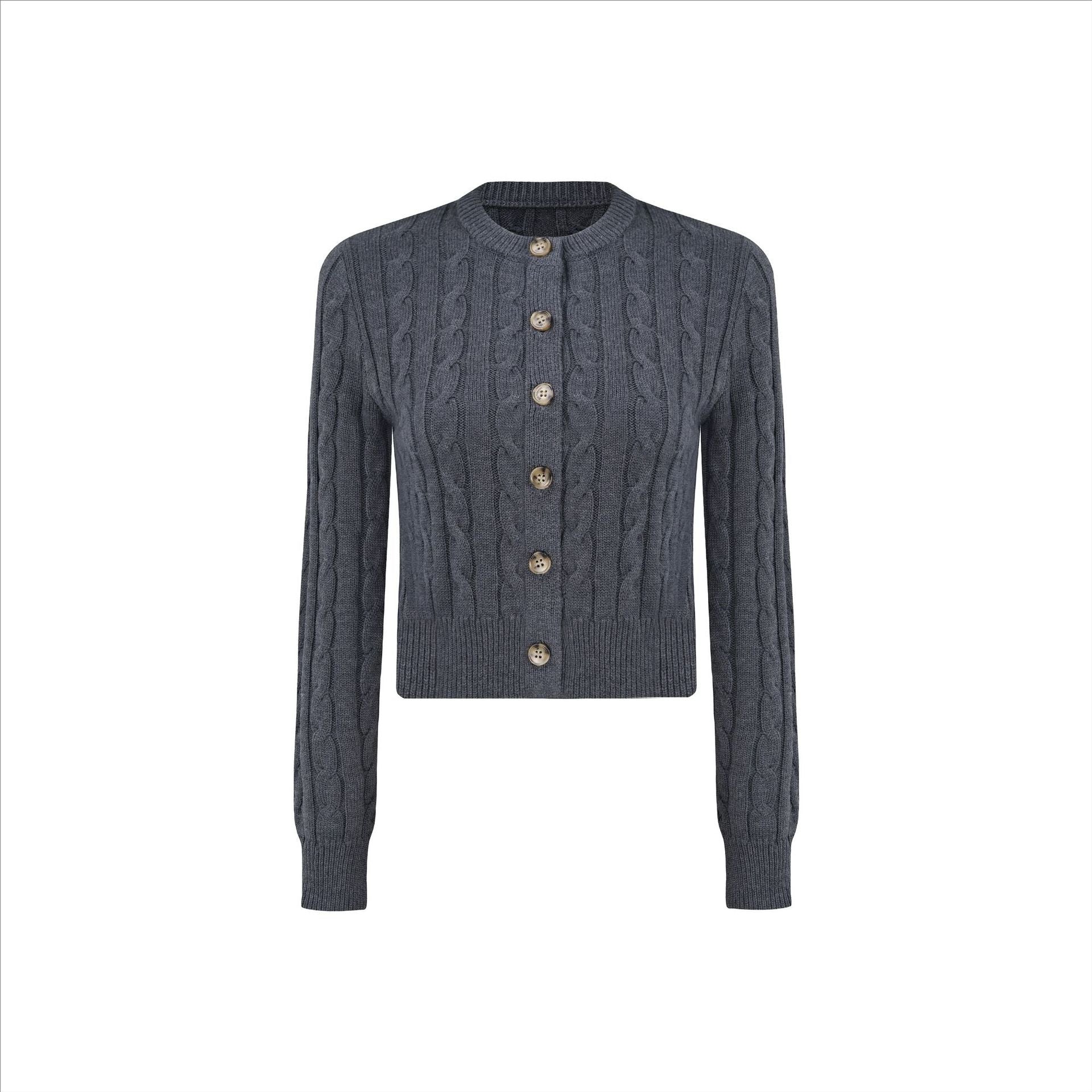 Wool Cable Knit Crewneck Sweater Cardigan Top for Women's Clothing