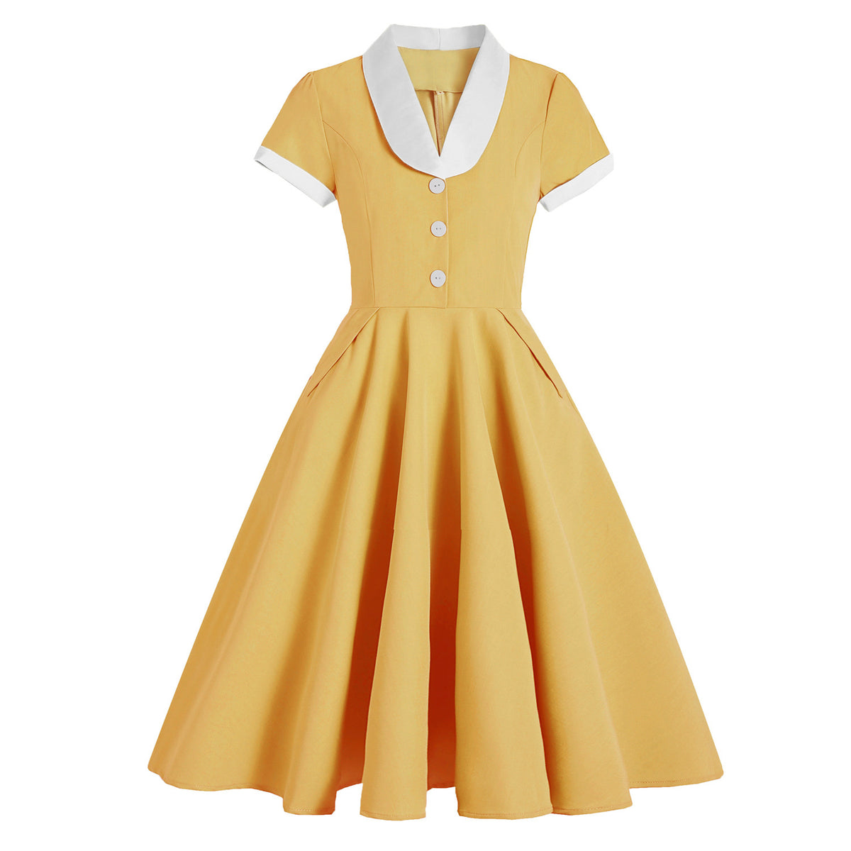 Hepburn Style Vintage Dress, Court Fit Waist Color Block Collar Party Performance Dress, Flared Mid-Length A-Line Dress