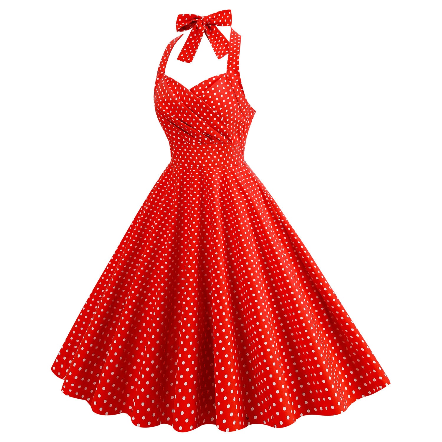Hepburn Style Vintage Short Sleeve Color-block Polka Dot Halter High Waist Performance Dress with Tie-up for Photos, Bridesmaid, Picnic