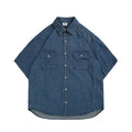 Workwear Denim Short Sleeve Shirt Unisex Retro College Style Washed Blue Shirt