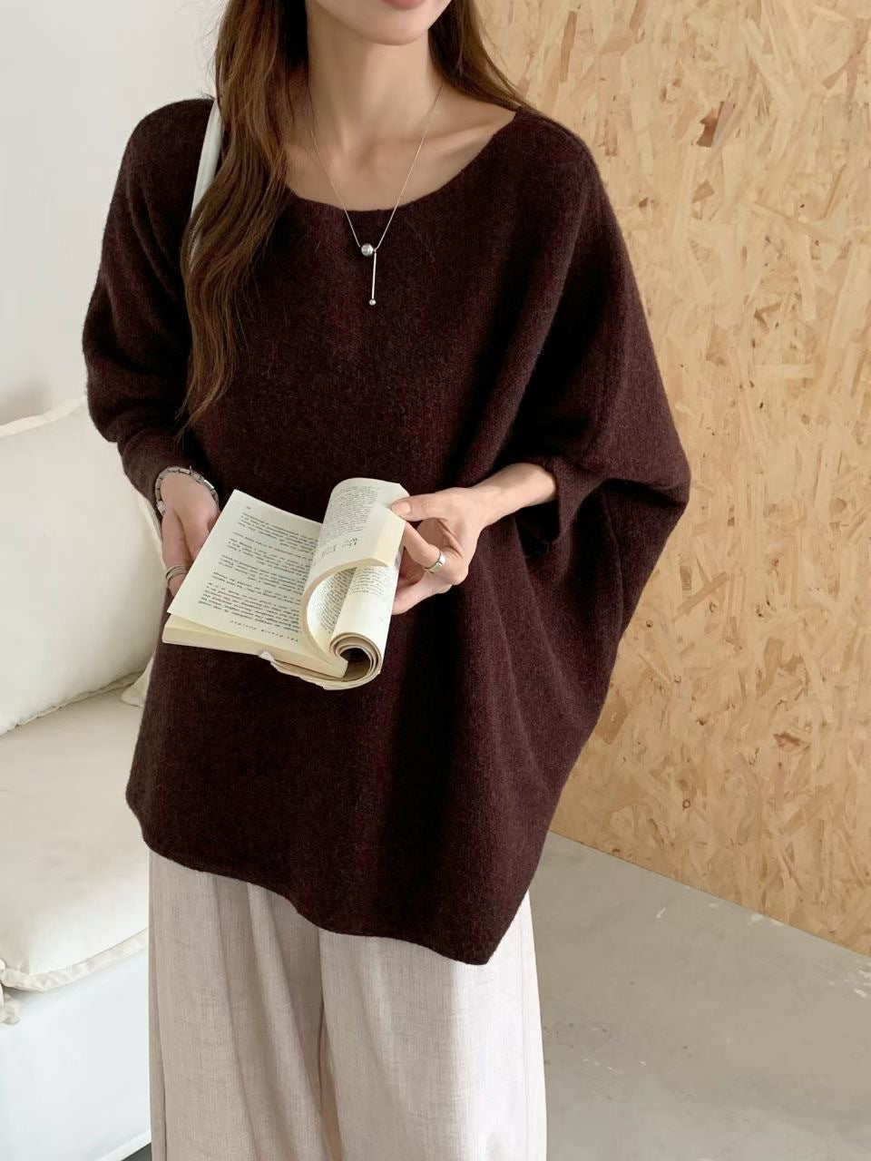 Lazy Style Knit Sweater Coat for Women, Irregular Design Batwing Sleeve Top