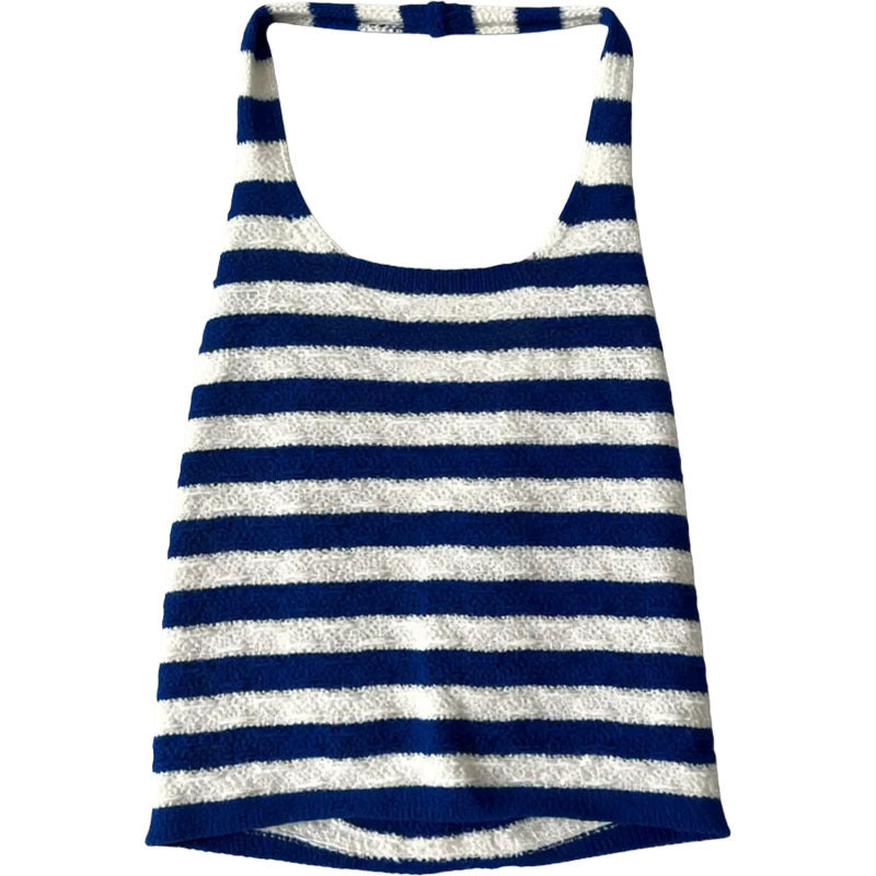 Blue and White Stripe Crop Top for Women, Knit Halter Neck Sleeveless Vest
