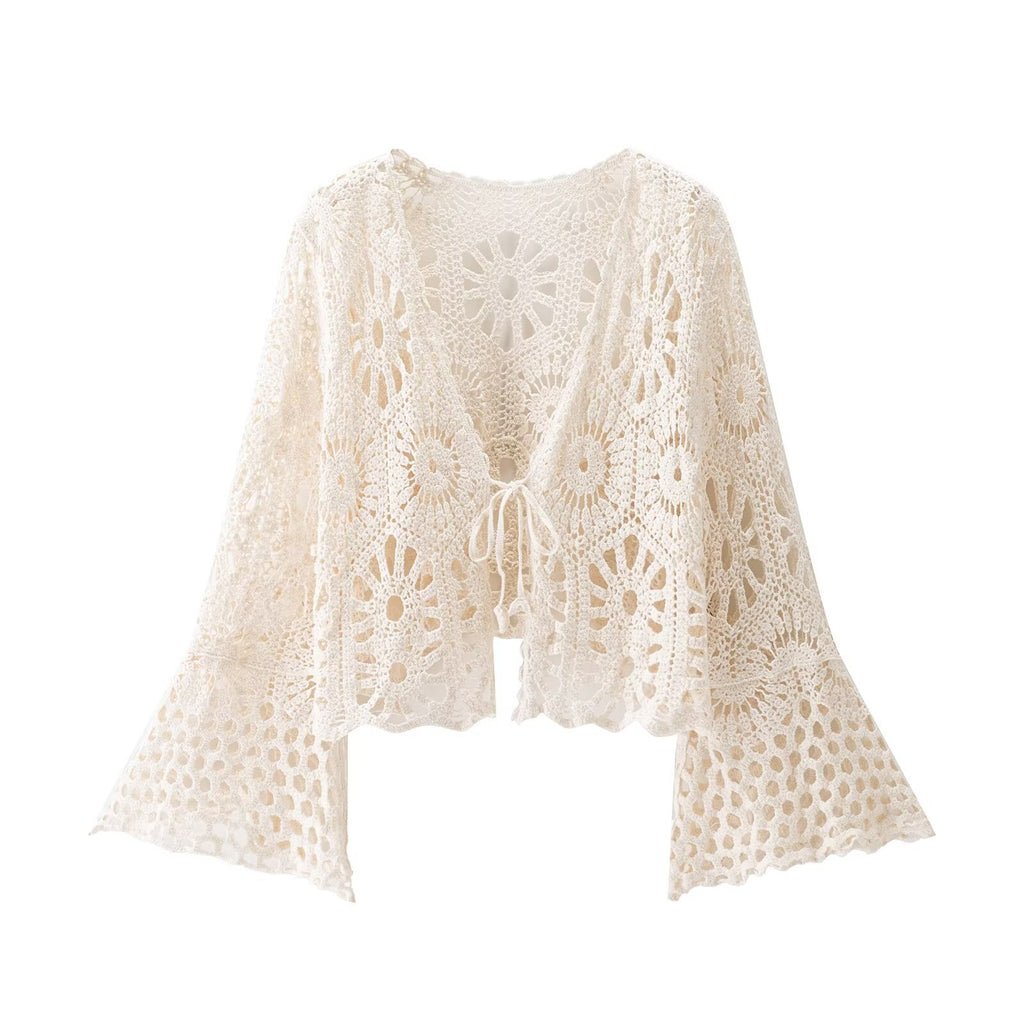 French minimalist hollowed out flared sleeve cardigan