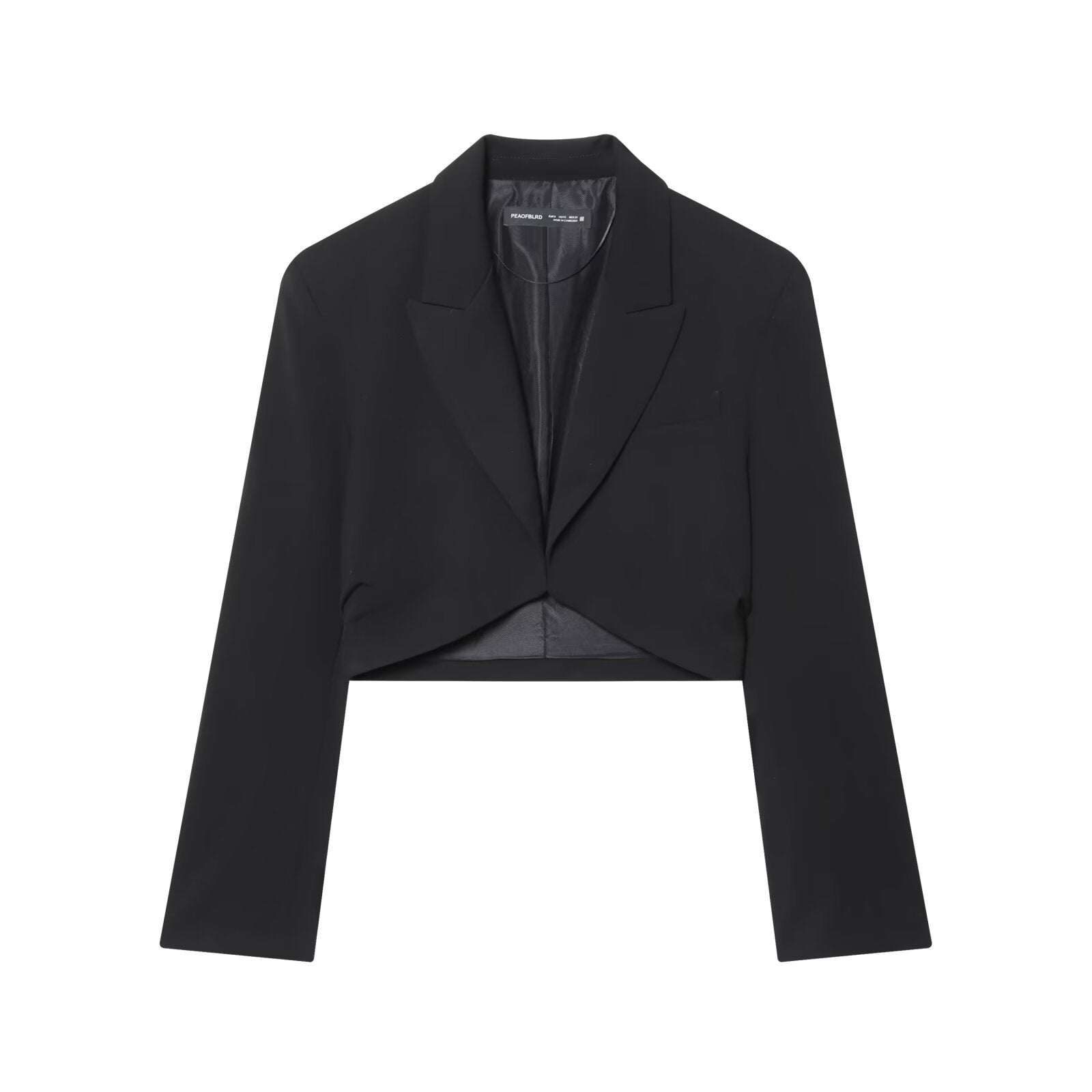 Black short suit jacket with shoulder pads and pleats