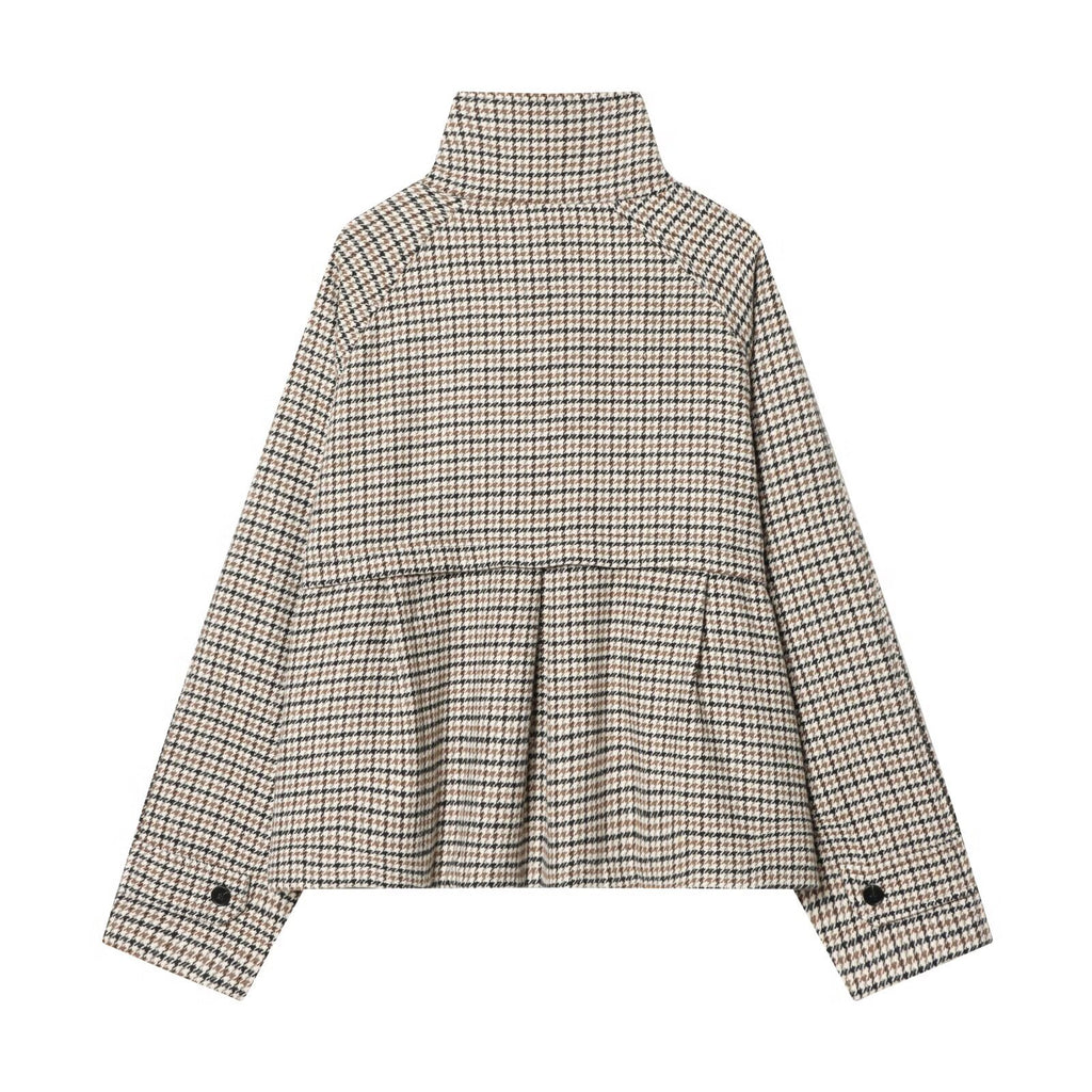 Chic Houndstooth Wool Coat for Women with Stand Collar