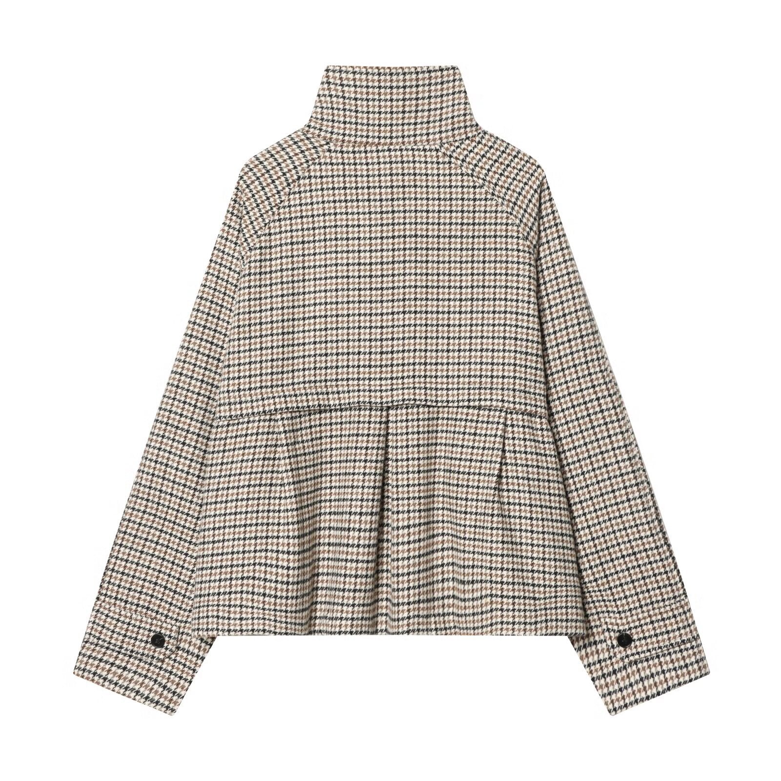 Chic Houndstooth Wool Coat for Women with Stand Collar