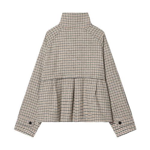 Chic Houndstooth Wool Coat for Women with Stand Collar