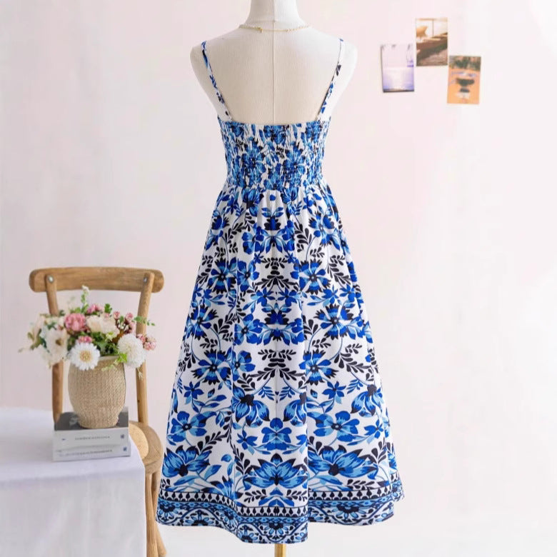 Sexy Strap Fitted Elegant Dress for Women - Vintage Print Long Dress
