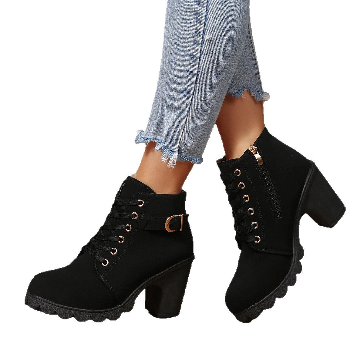 Chunky Heel Women's Leather Boots Low Cuff Round Toe High Heel Lace-Up Style with Heightening and Slimming Effect