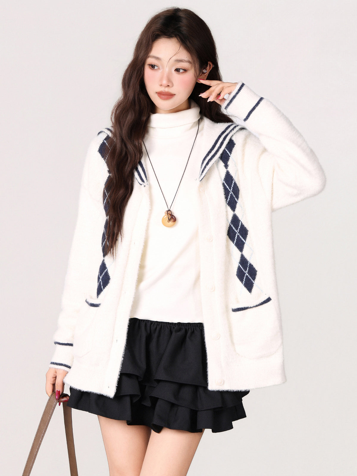 Style Navy Collar Thick Knit Sweater Coat