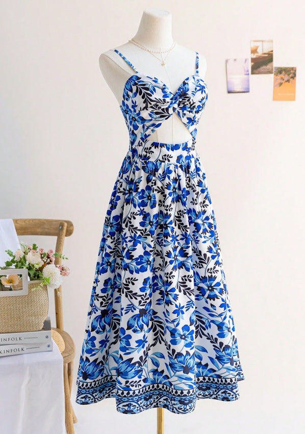 Sexy Strap Fitted Elegant Dress for Women - Vintage Print Long Dress