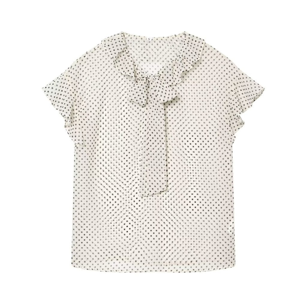 Polka dot bow embellished lace collar shirt