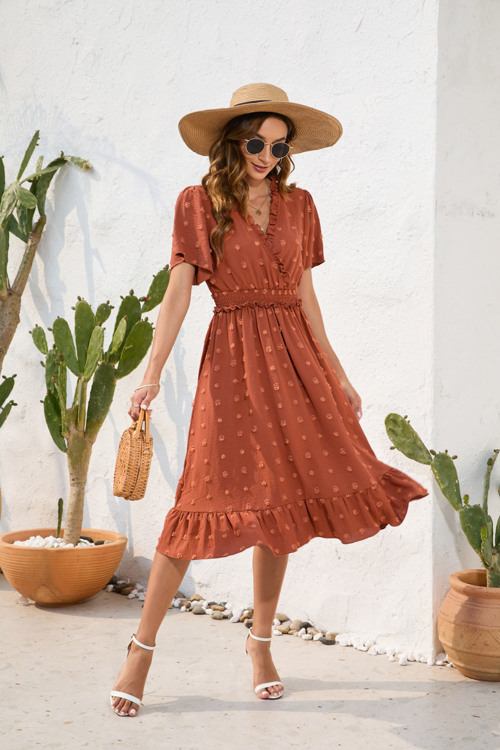 V-neck high waisted tied dress