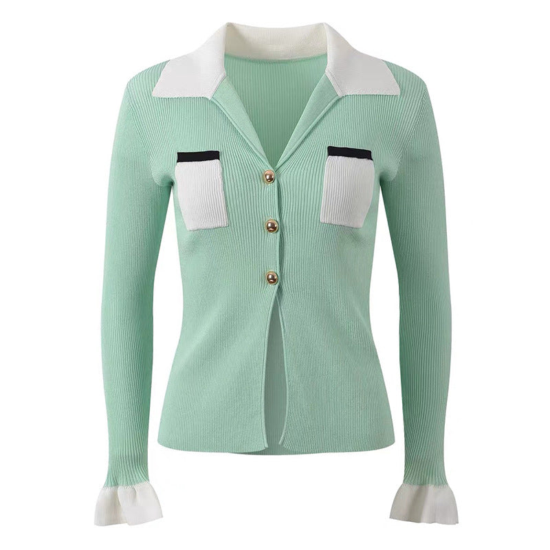 Elegant Mint Green Ribbed Knit Collared Ruffle Cuff Cardigan Top for Women