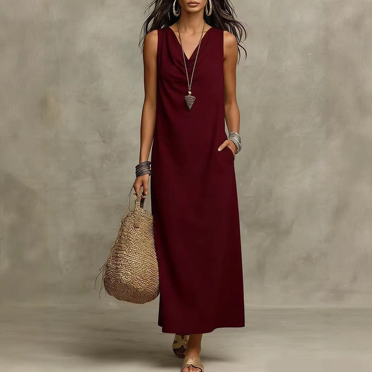 Elegant Sleeveless V-Neck Long Dress Summer Fashion Dress