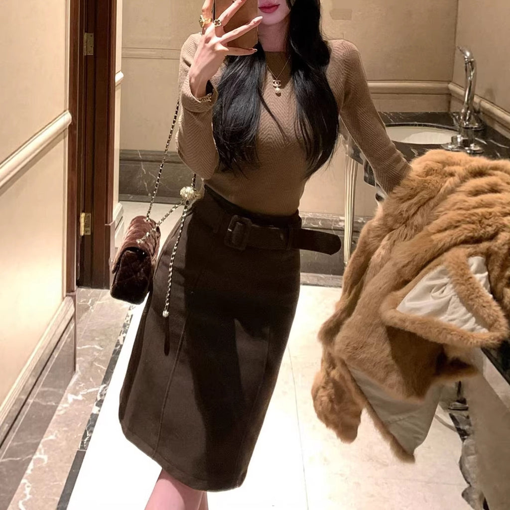 Woolen Midi Skirt for Women with Detachable Belt Straight Cut Elegant and Classic Style