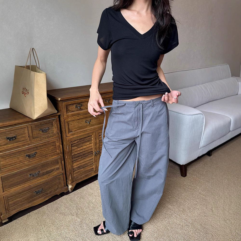 Knife-Style Casual Pants, Medium-Low Waist, Loose Straight Leg, Slimming Drawstring Cargo Trousers
