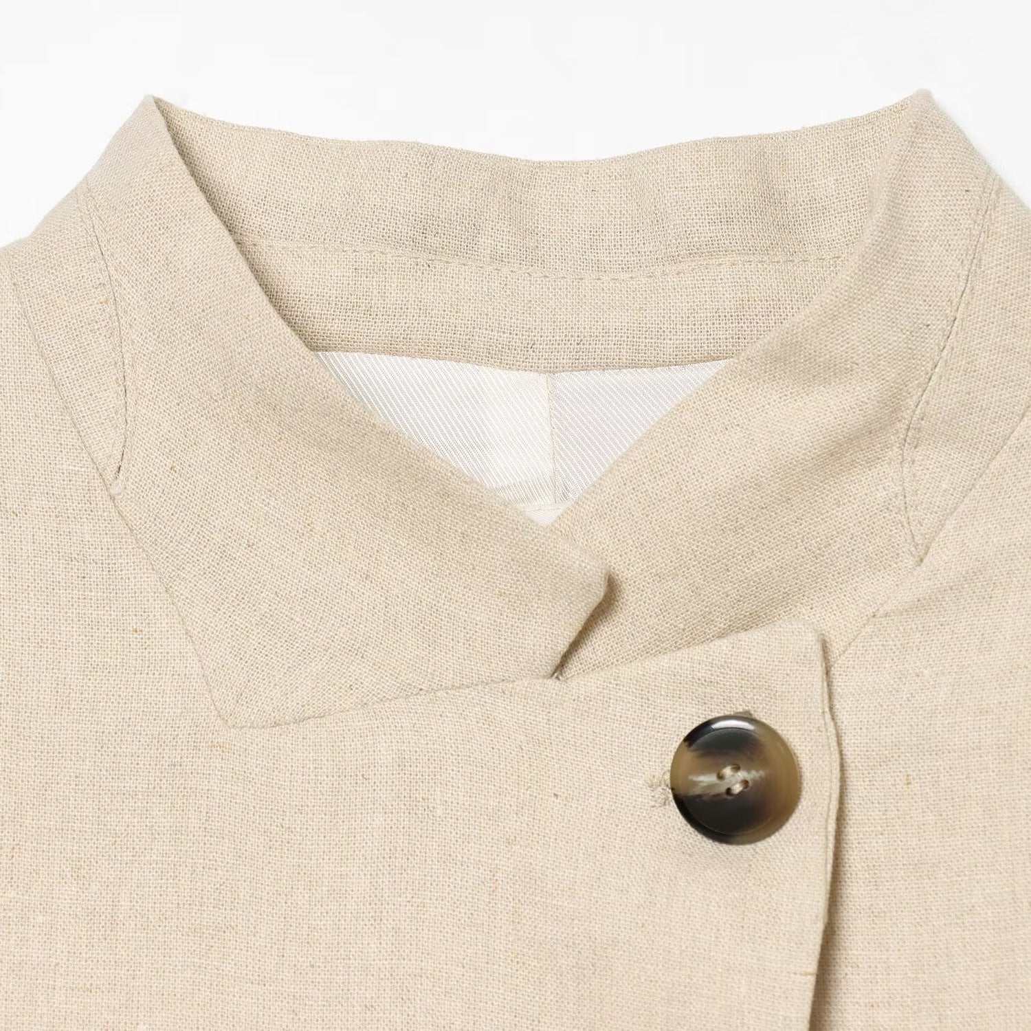 Stand collar linen blend short sleeved suit jacket