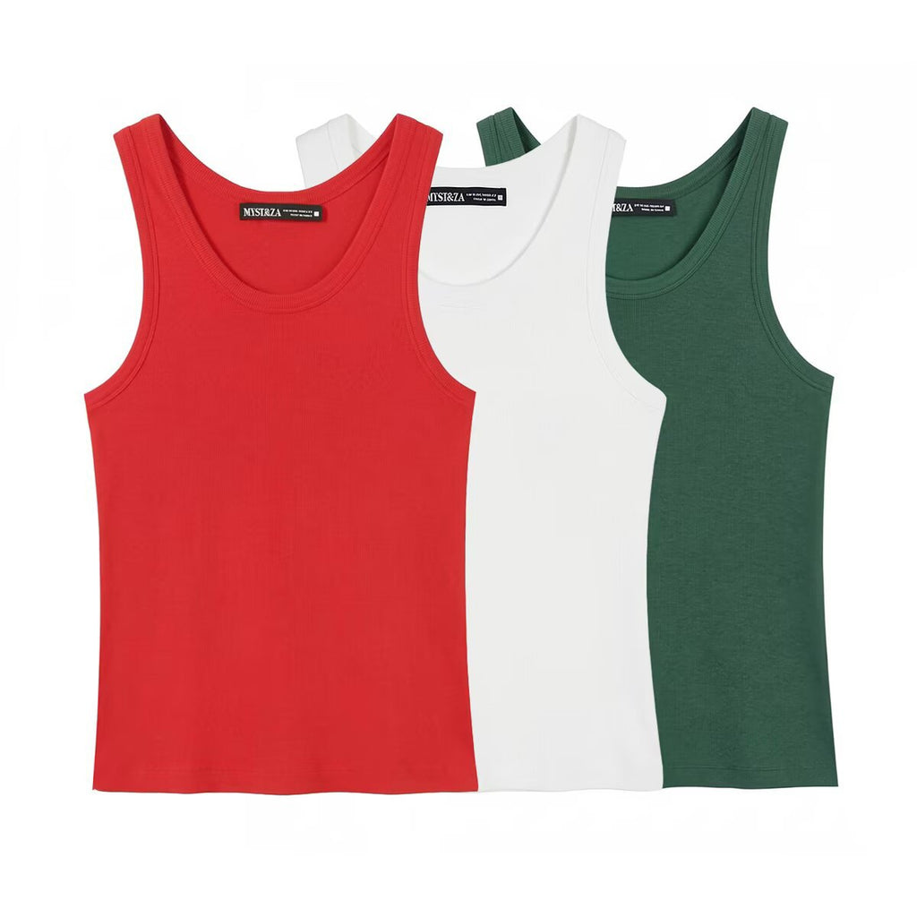 Summer sleeveless round neck ribbed top