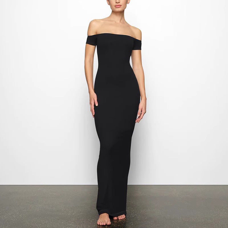 Pure Seductive Off-Shoulder Dress , Bodycon Fitted Waist-Cinching Long Dress for Date Night,