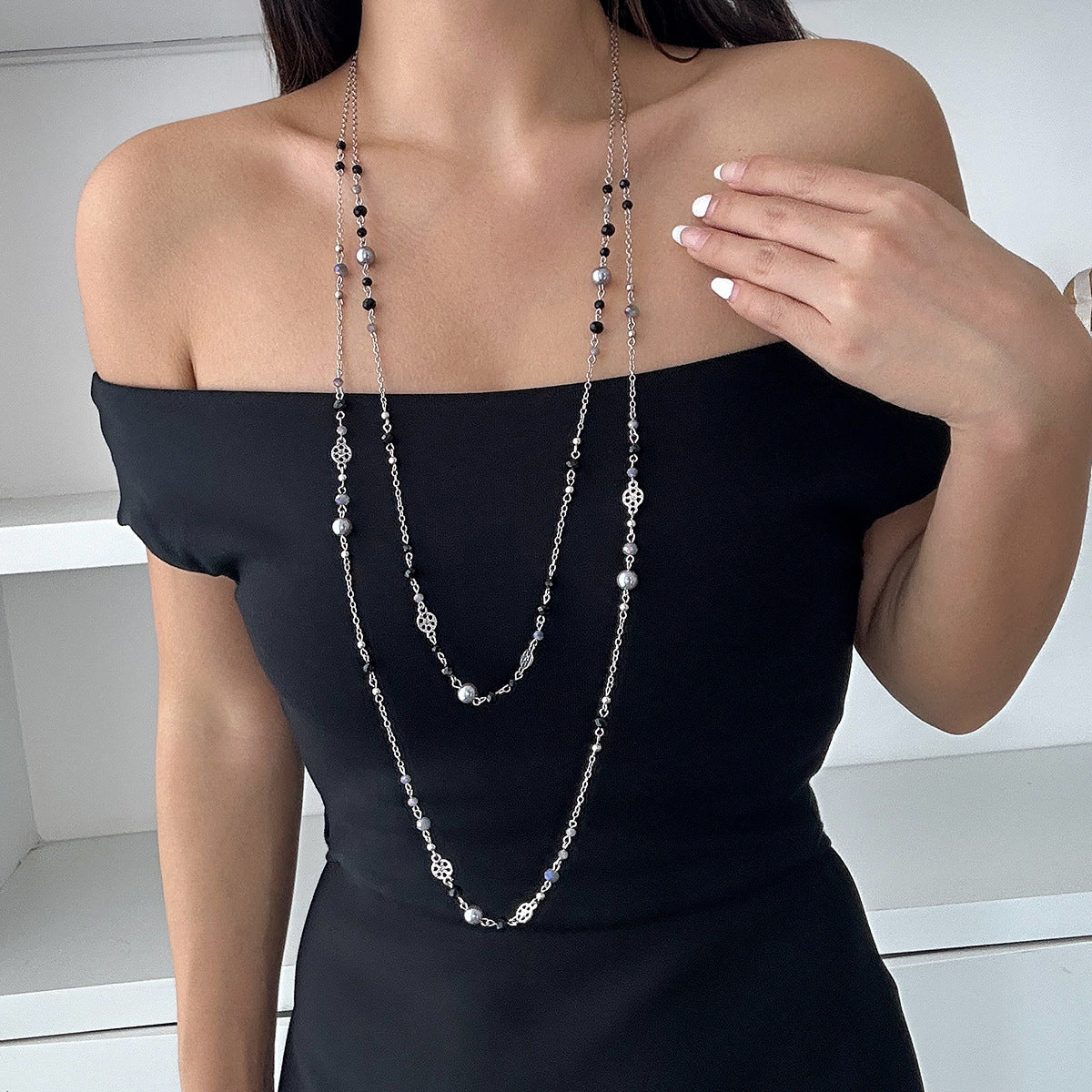 Ins style pearl bead long necklace design with multi-layered alloy collarbone chain set