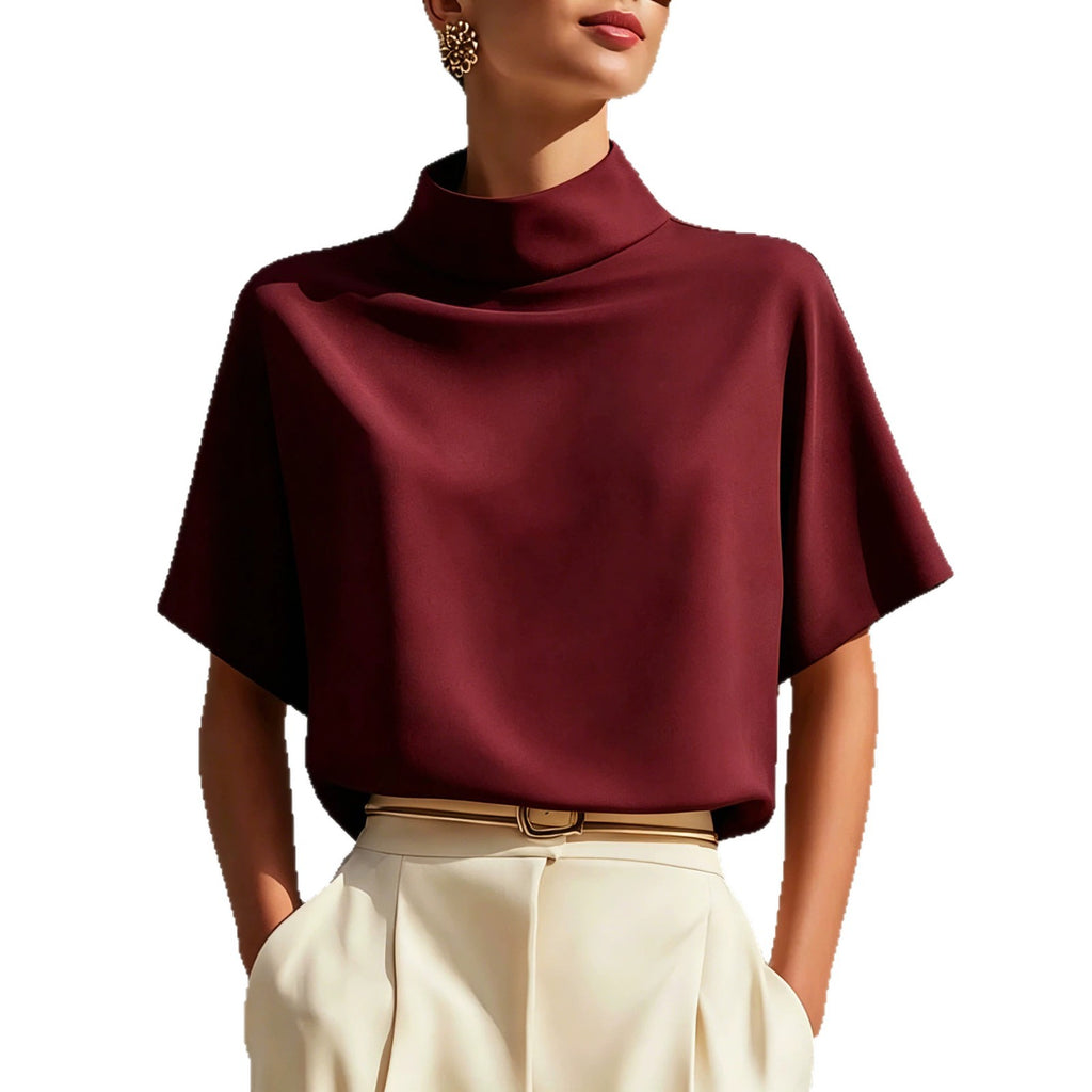 Solid color stand up collar short sleeved top