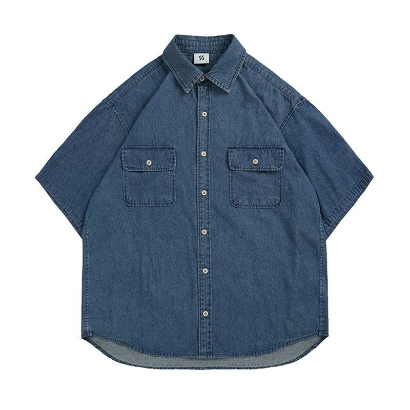 Workwear Denim Short Sleeve Shirt Unisex Retro College Style Washed Blue Shirt