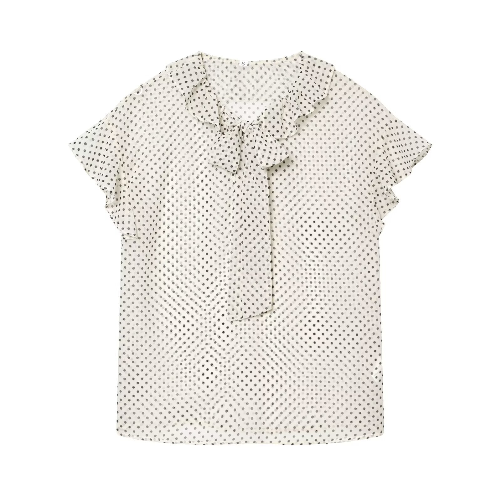 Polka dot bow embellished lace collar shirt