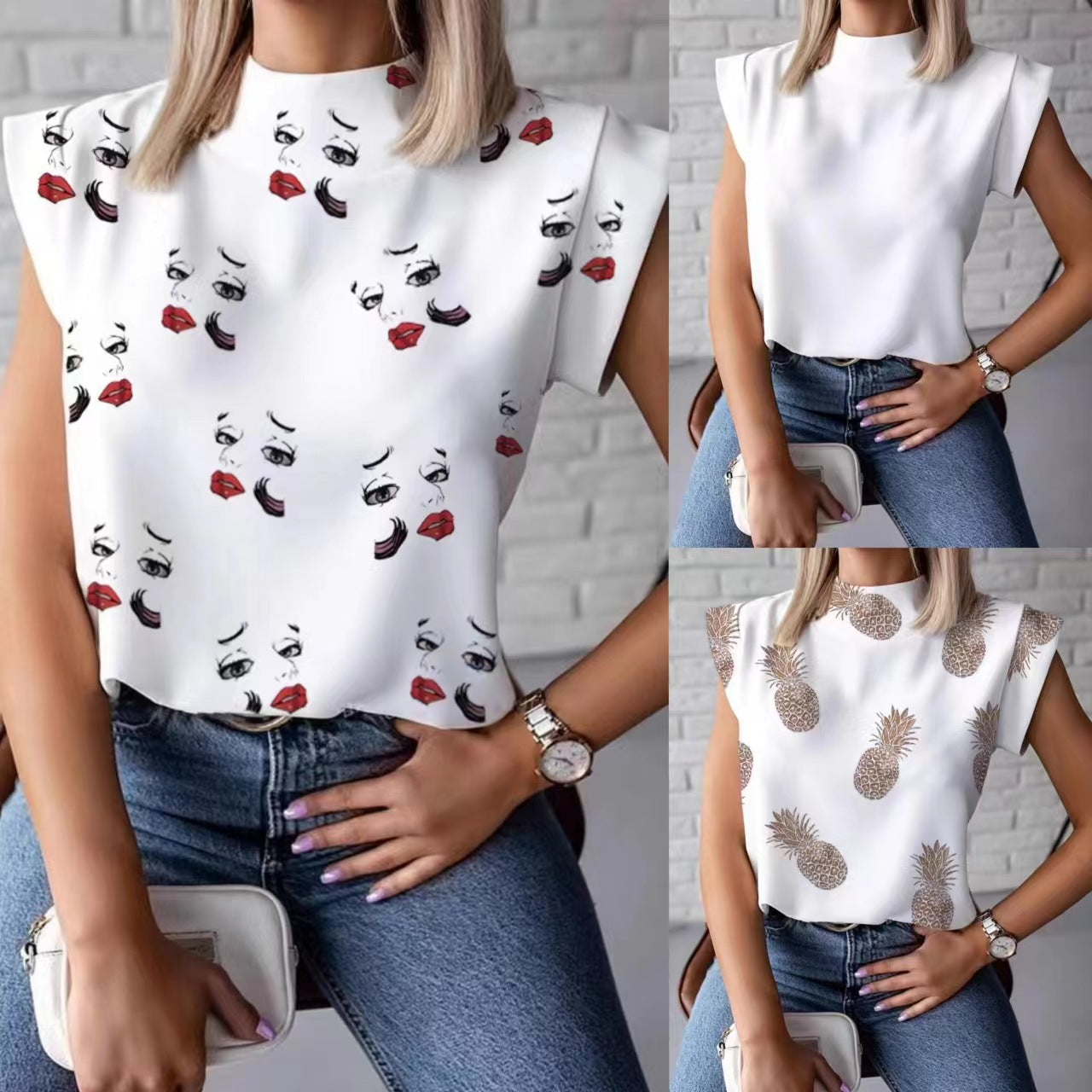 Stand up collar printed sleeveless top