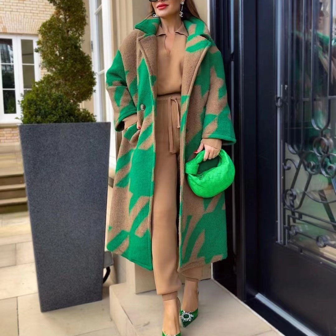 Autumn Long Sleeve Notched Lapel Printed Woolen Trench Coat for Women