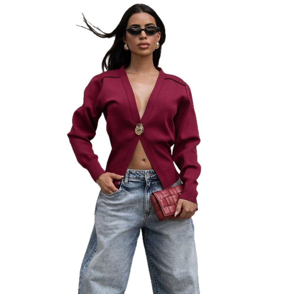 Women's Loose Wool Sweater, Sexy Deep V-Neck Metal Button Cardigan Sweater