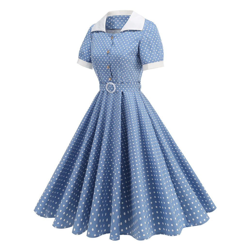 Hepburn StyleNotch Collar Fitted Polka Dot Open Front Tie Waist Flared Mid-Length Parent-Child Dress Cotton