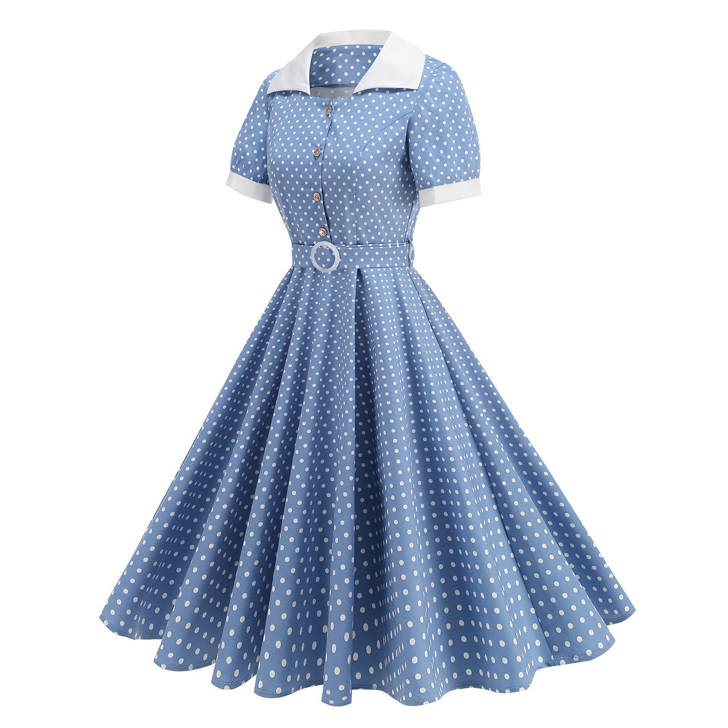 Hepburn StyleNotch Collar Fitted Polka Dot Open Front Tie Waist Flared Mid-Length Parent-Child Dress Cotton