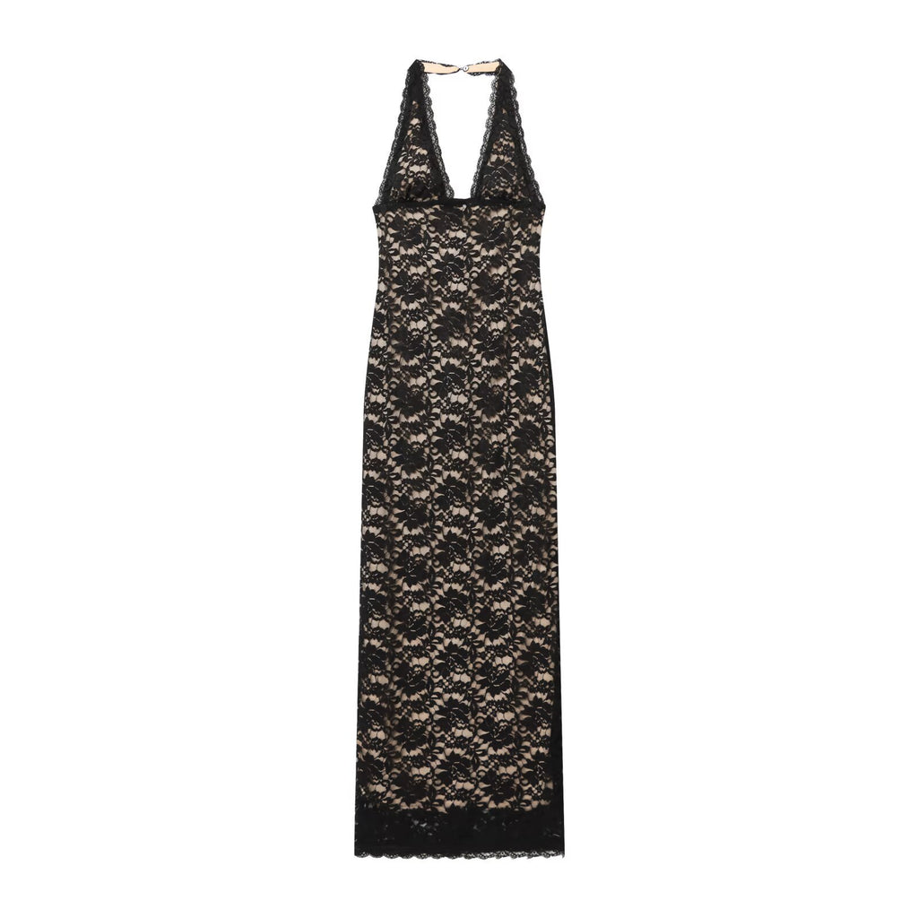 Hanging neck lace slit slim fit dress