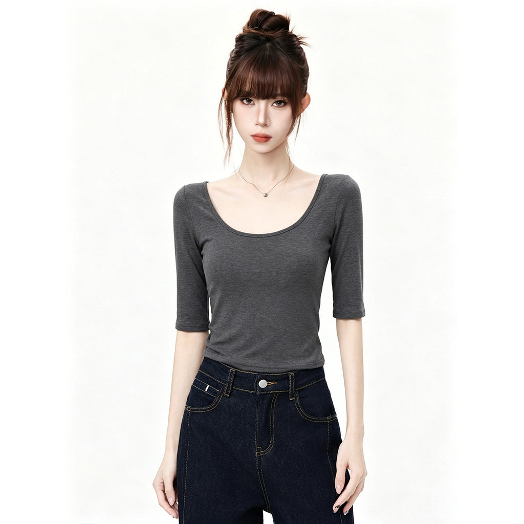 White Deep U-Neck Slim-Fitting Versatile Mid-Sleeve T-Shirt for Women, Fitted Shoulder Top