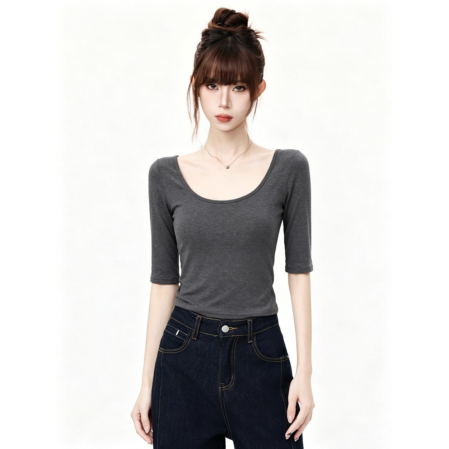 White Deep U-Neck Slim-Fitting Versatile Mid-Sleeve T-Shirt for Women, Fitted Shoulder Top