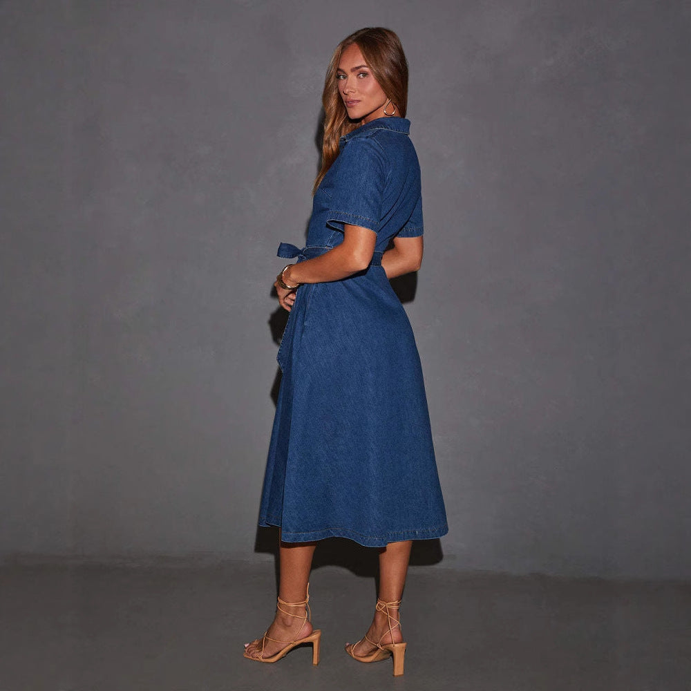 Vintage V-Neck Tie-Front Denim Dress Long Dress Fashion French Elegant Dress for Women
