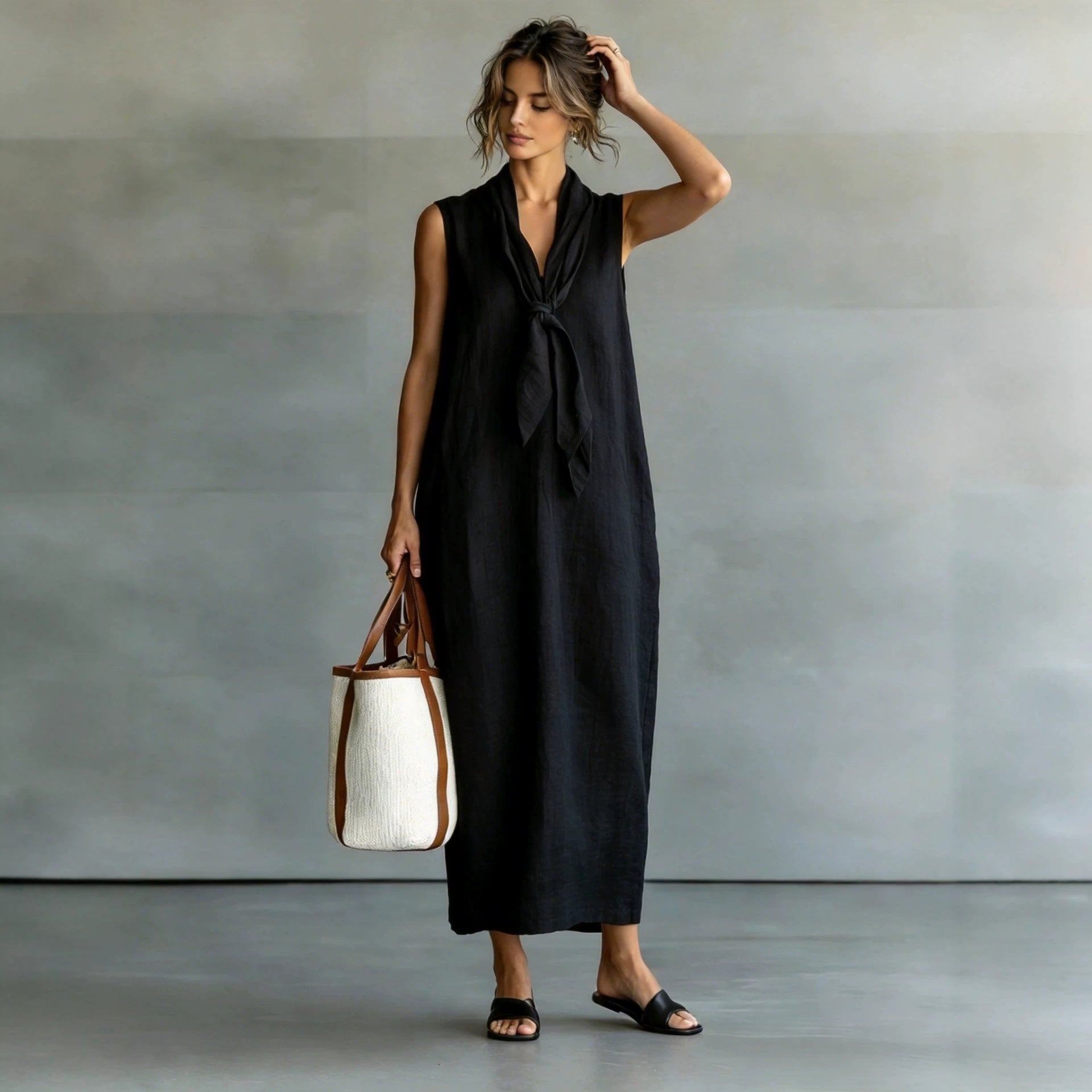 Chic Loose Vintage Style V-Neck Sleeveless Dress for Women
