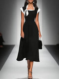 Elegant Vintage Square Neck  Dress with Bow Detailing