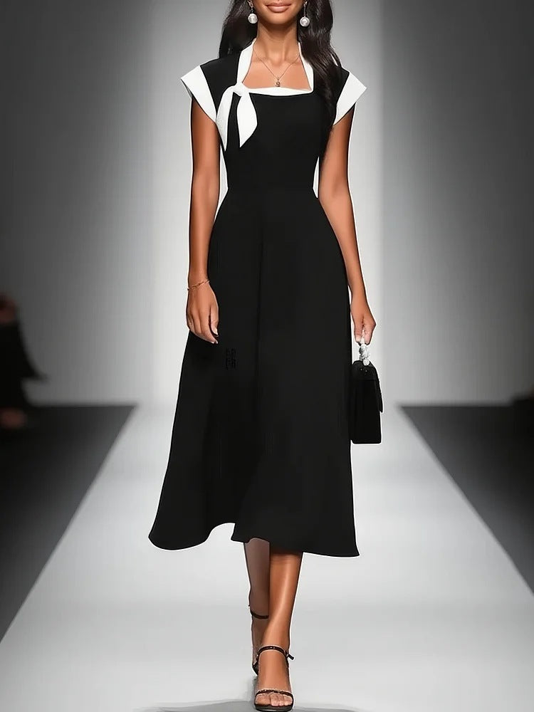 Elegant Vintage Square Neck  Dress with Bow Detailing