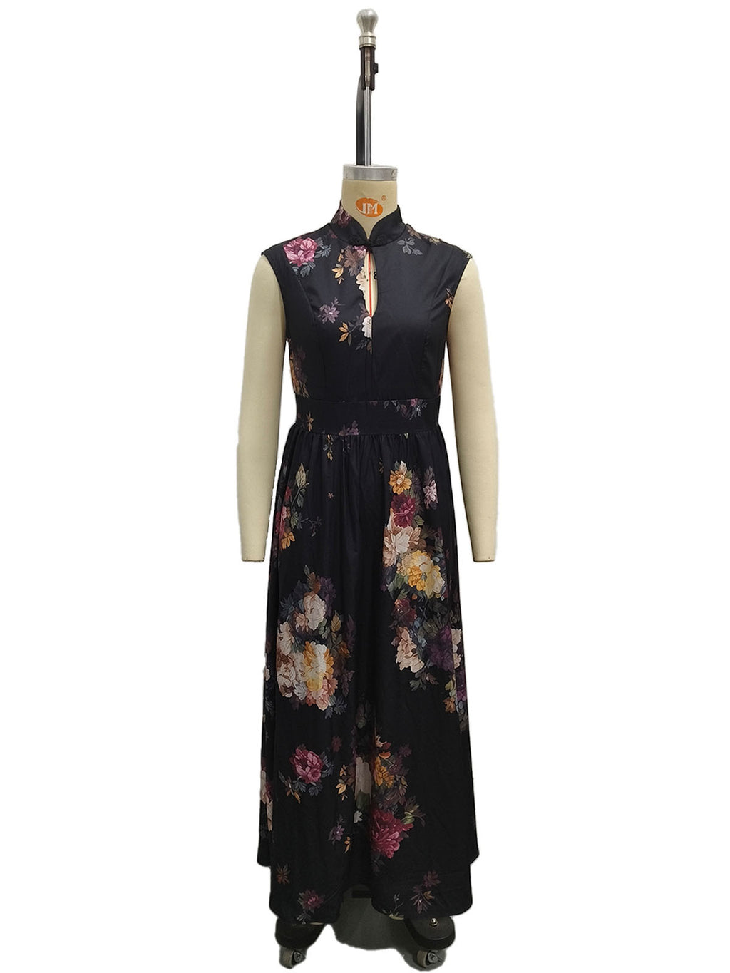Sleeveless black three-dimensional floral print long skirt slim fit dress